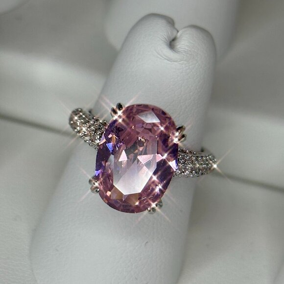 Pink Solitaire Gemstone Ring w/ Clear Accents Silver Plated Engagement size 7 - Picture 1 of 11